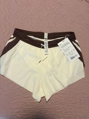 Women’s Cream Athletic Shorts with Contrast Brown Waistband